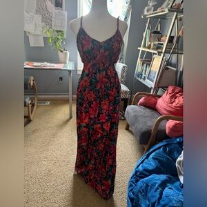 Roxy Floral Spaghetti-Strap Maxi Dress in Red and Green